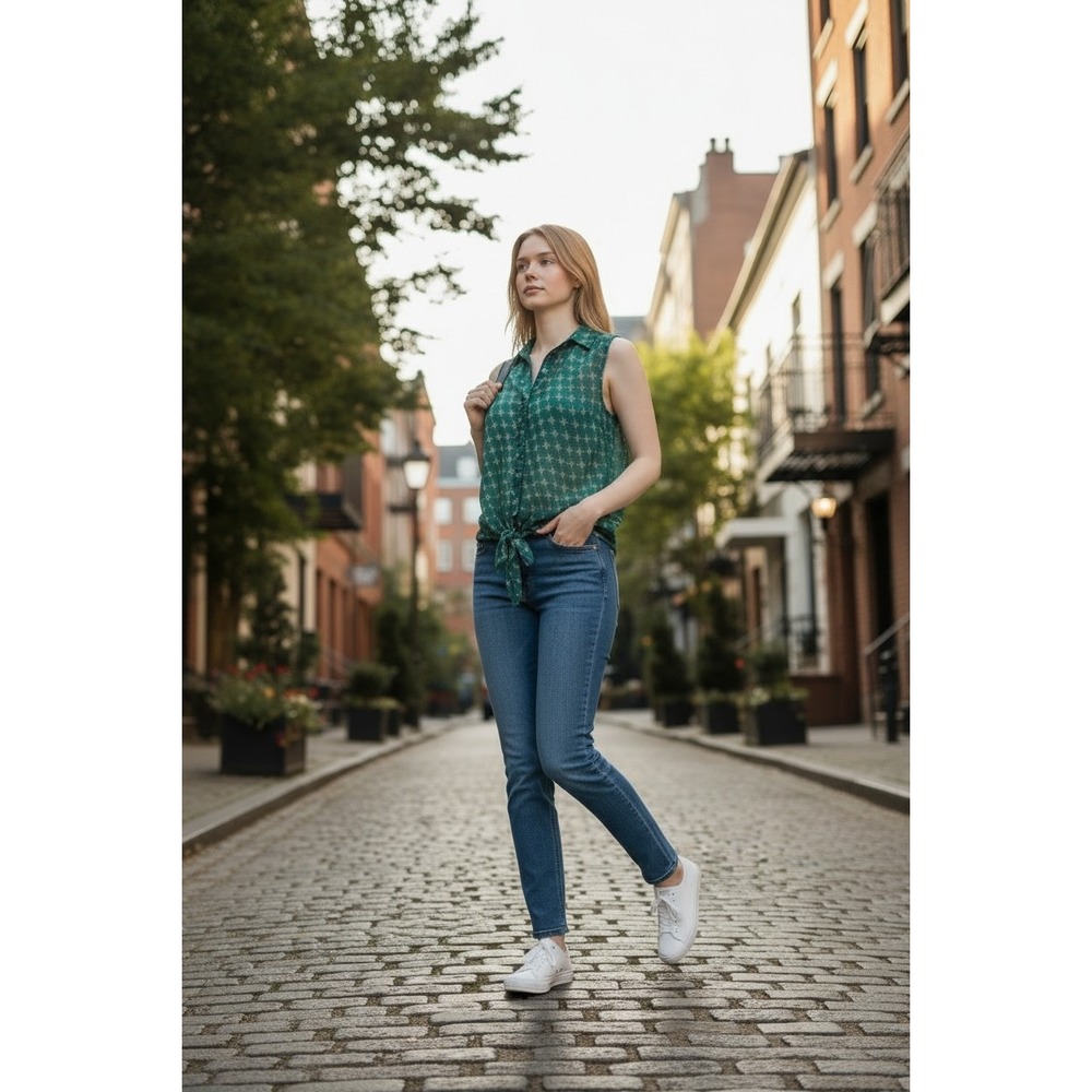 Mine Women Green Geometric Sleeveless Tie Front Blouse
